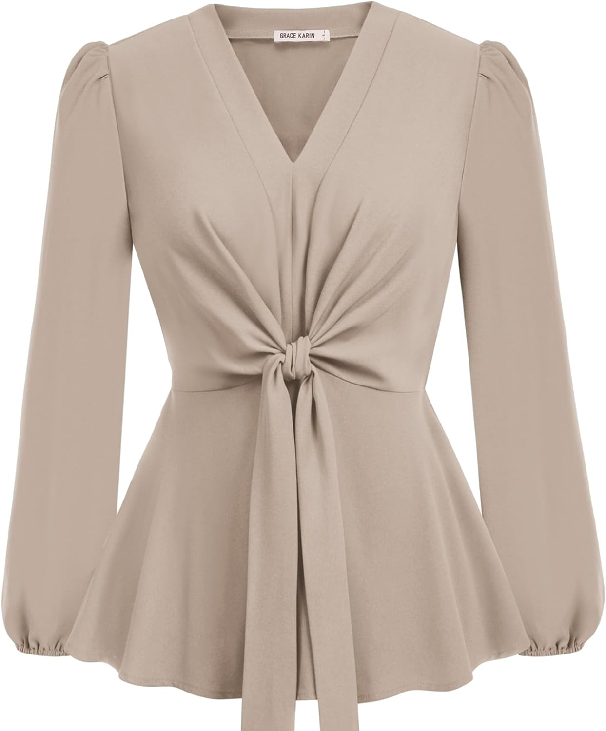 GRACE KARIN 2024 Women' Elegant Peplum Tops V Neck Tie Front Long Sleeve Shirts Tops Blouse