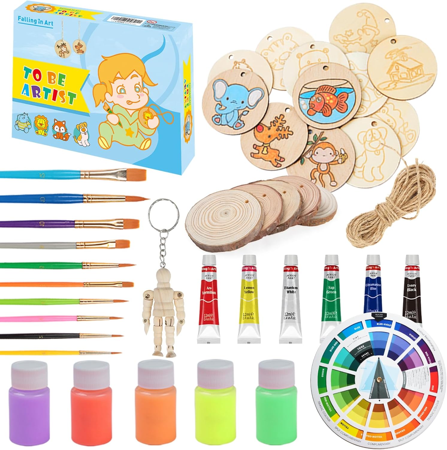 Falling in Art 40 Pcs Acrylic Paint Set for Kids, DIY Wooden Slices Kit with 6 Acrylic Paints, 5 Glow Paints, 10 Paintbrushes, and 12 Wooden Slices, Complete Art Craft Gift for Boys and Girls