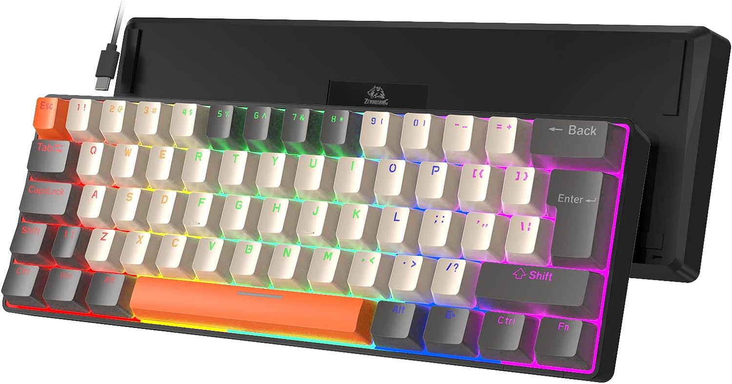 ZIYOU LANG T60 Wired 60% TKL Mechanical Gaming Keyboard with Led Rainbow Backlight Ultra-Compact NKRO Tactile Bump Brown Switch Tri-Color ABS Keycap for Windows Laptop PC Mac Gamer(Dark Gray/White)