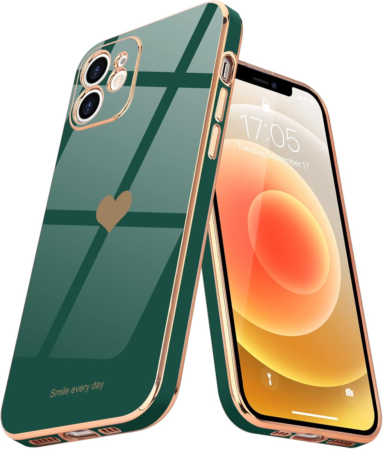 Teageo Compatible with iPhone 12 Case for Women Girl Cute Love Heart Luxury Bling Soft Back Cover Raised Full Camera Protection Bumper Silicone Shockproof Phone Case for iPhone 12, Darkish Green