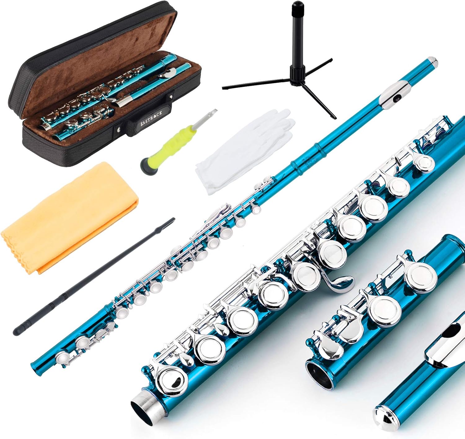 EastRock Closed Hole Flutes C 16 Key for Beginner, Kids, Student -Nickel Flute with Case Stand and Cleaning kit (Sea Blue)