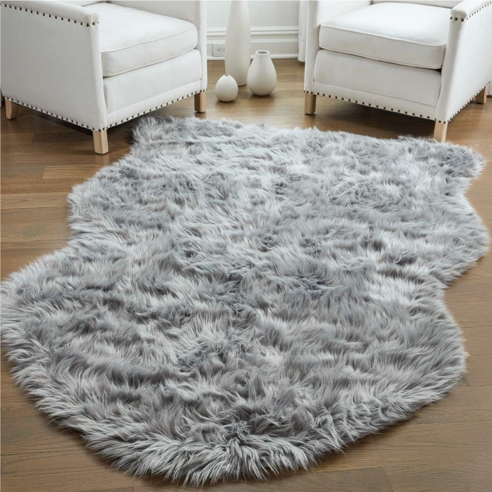 Gorilla Grip Fluffy Faux Fur Sheep Rug, Machine Washable Soft Furry Area Rugs, Rubber Backing, Plush Floor Carpets for Baby Nursery, Bedroom, Living Room Shag Carpet, Luxury Home Decor, 3x5, Gray