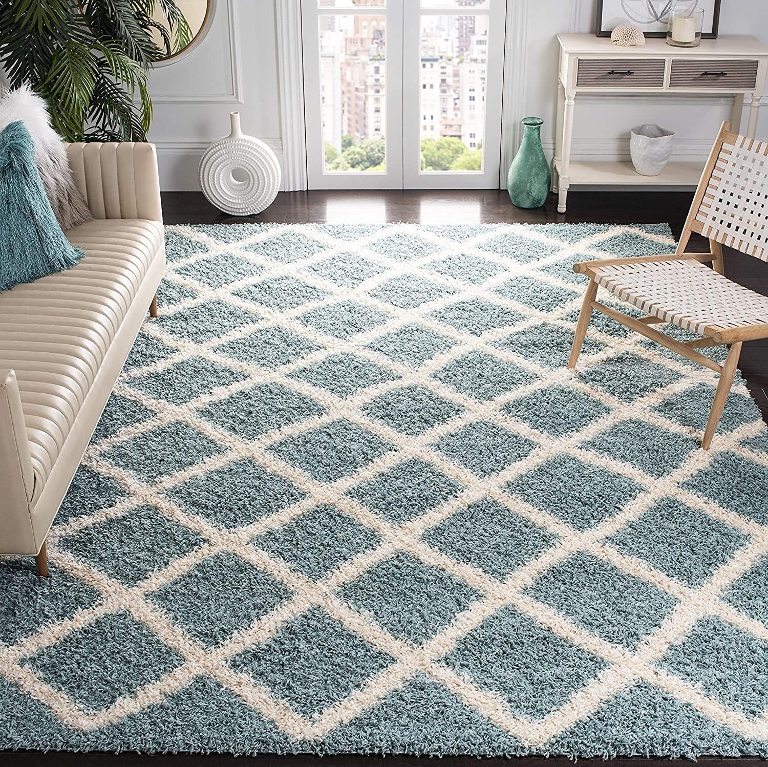 SAFAVIEH Dallas Shag Collection Area Rug - 5'1 x 7'6, Seafoam & Ivory, Trellis Design, Non-Shedding & Easy Care, 1.5-inch Thick Ideal for High Traffic Areas in Living Room, Bedroom (SGD258C)