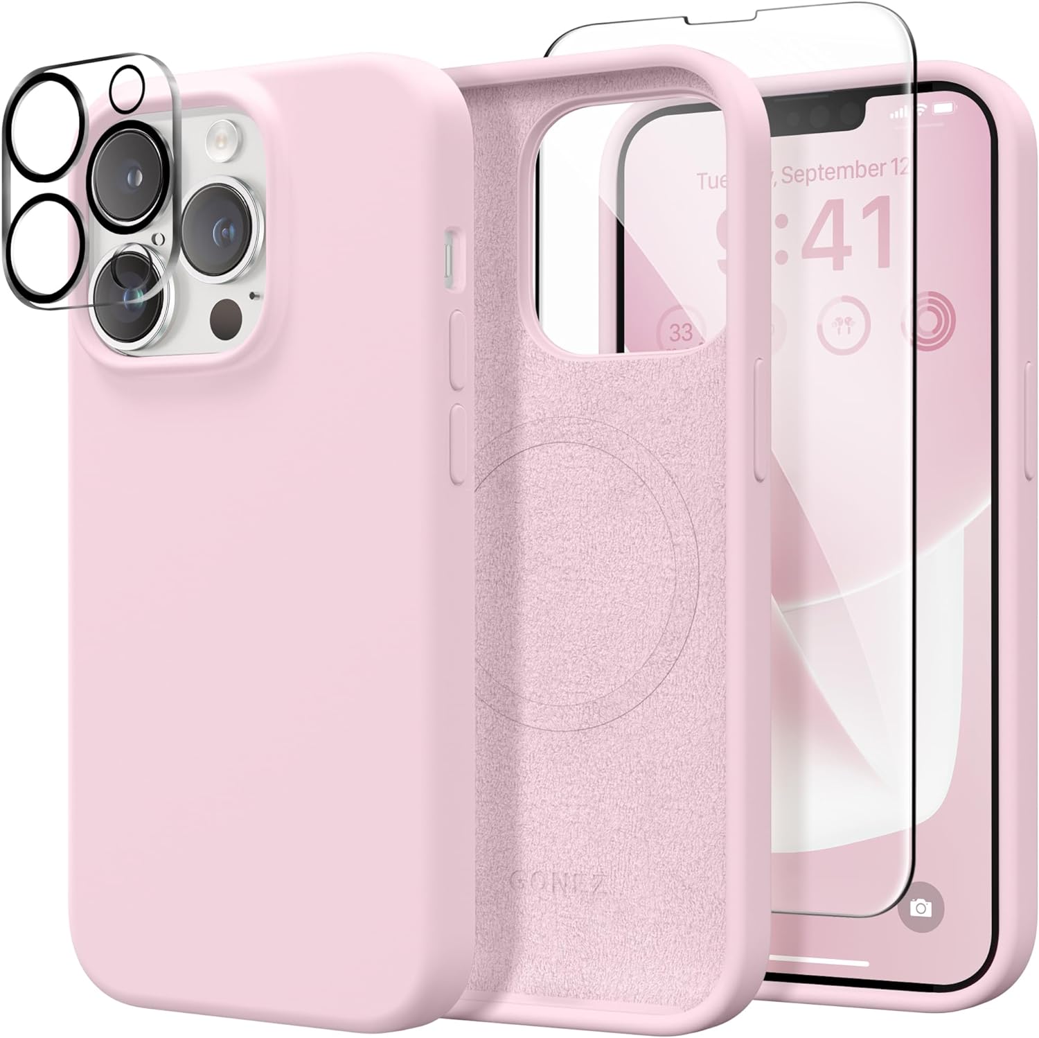 Magnetic Silicone for iPhone 13 Pro Max Case, [Compatible with Magsafe] [2X Screen Protector + 2X Camera Lens Protector], Shockproof Protective Microfiber Lining Phone Cover 6.7, Pastel Pink