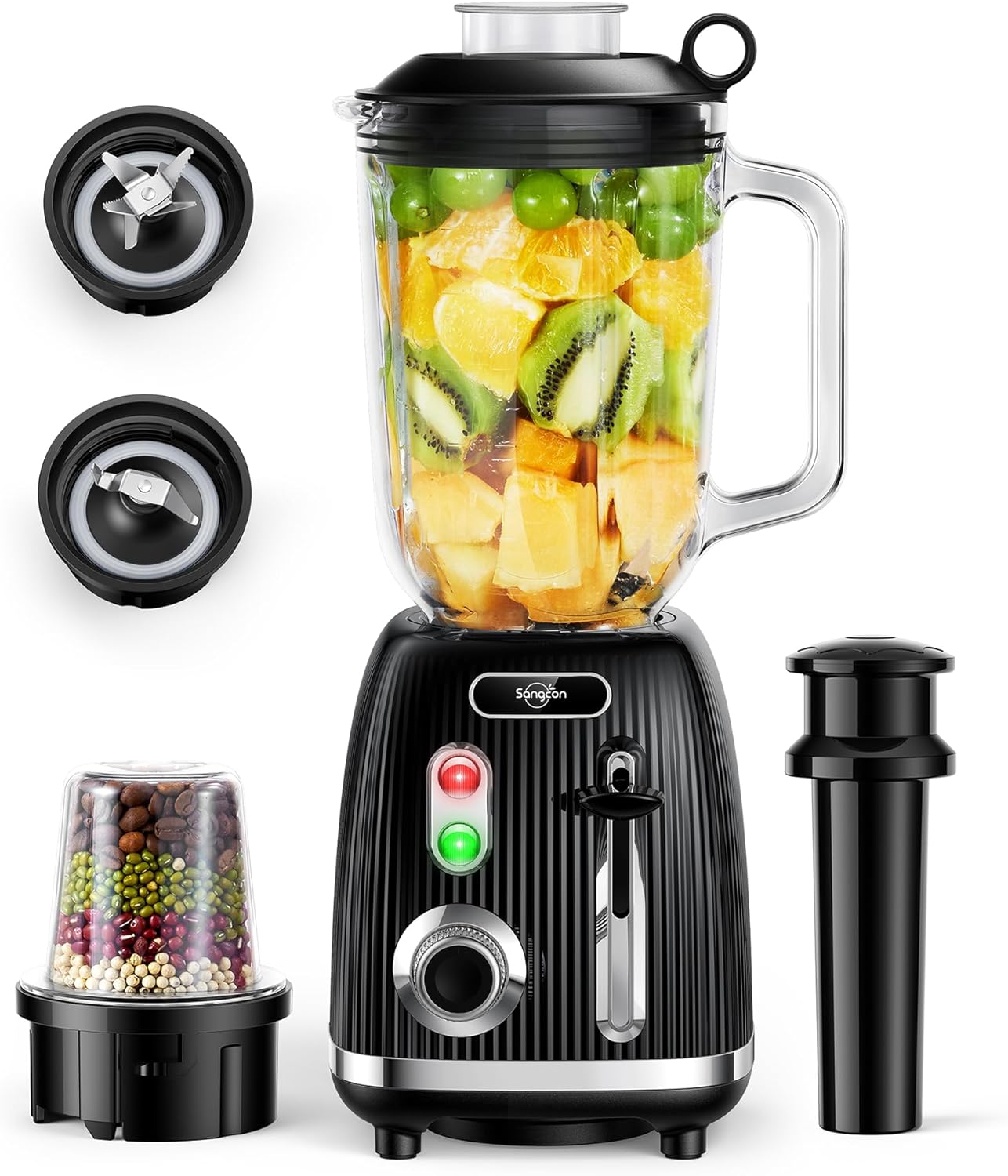 Sangcon 800W Blender for Shakes and Smoothies with 57 Oz Glass Jar & 10 Oz Grinding Cup, Smoothie Blenders and Food Processor Combo for Kitchen with 2 Speeds + Pulse, 6 Fins Blade & Grinding Blade