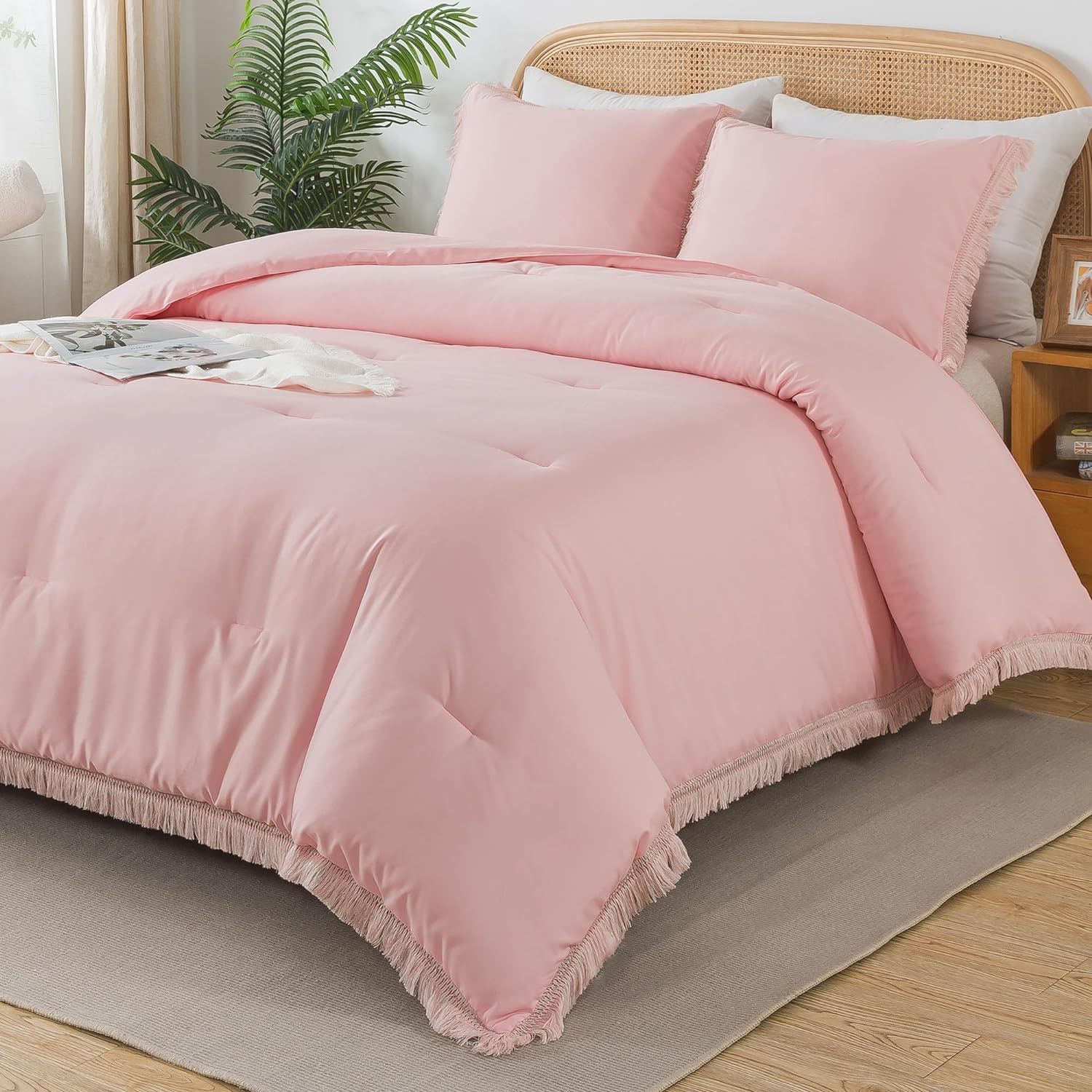 Andency Pink Comforter Set Queen Size for Girls, Boho Women Tassel Lightweight Bedding Comforter Sets, 3 Pieces All Season Soft Fluffy Fringe Bed Set (90x90In Comforter & 2 Pillowcases)