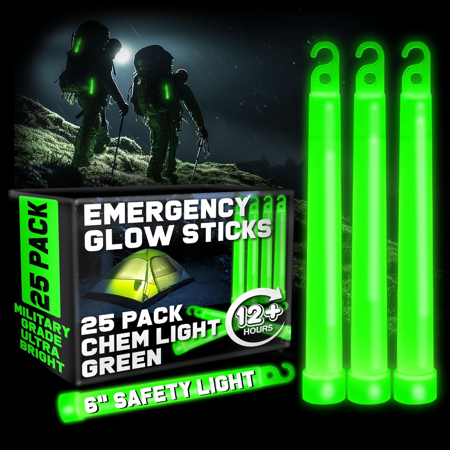 PartySticks Green Glow Sticks Emergency Chem Lights (6, 25 Pack) Military Grade 12 Hour Bulk Tactical Light Sticks for Survival Gear, Camping, Power Outages