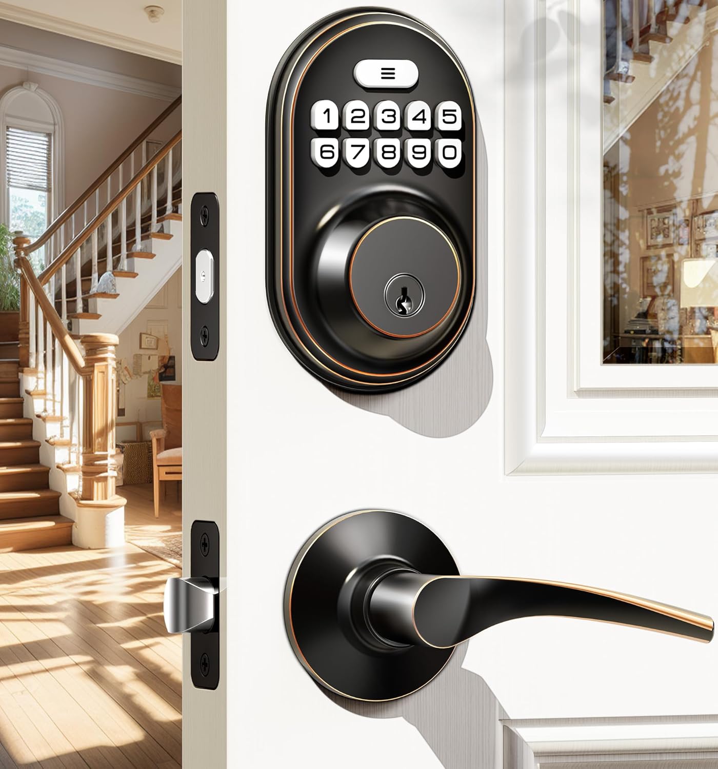 Veise Keyless Entry Door Lock with 2 Lever Handles - Electronic Keypad Deadbolt, Auto Lock, Back Lit & Easy Installation Design, Front Door Handle Sets, Oil Rubbed Bronze