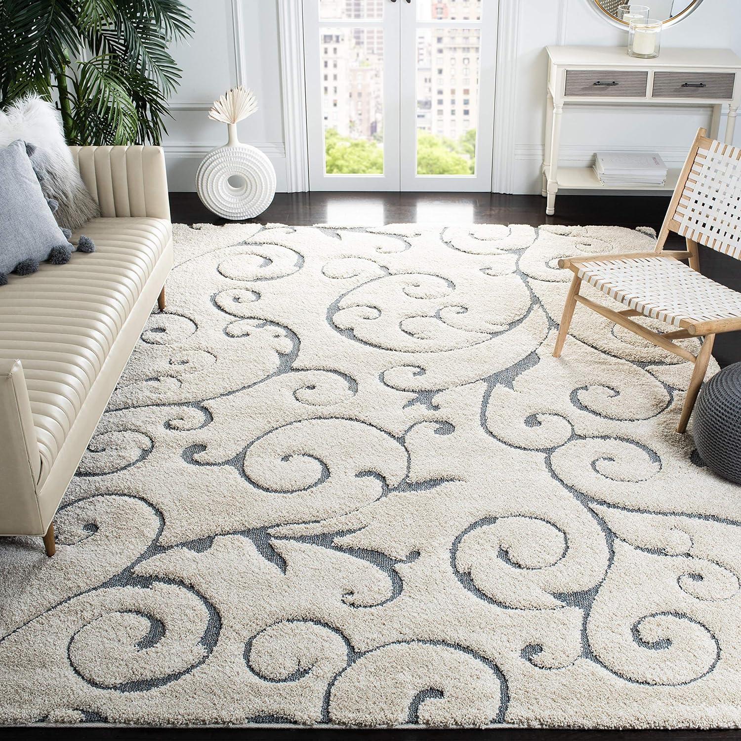 SAFAVIEH Florida Shag Collection Area Rug - 6' x 9', Beige & Blue Grey, Scroll Design, Non-Shedding & Easy Care, 1.2-inch Thick Ideal for High Traffic Areas in Living Room, Bedroom (SG455-1155)