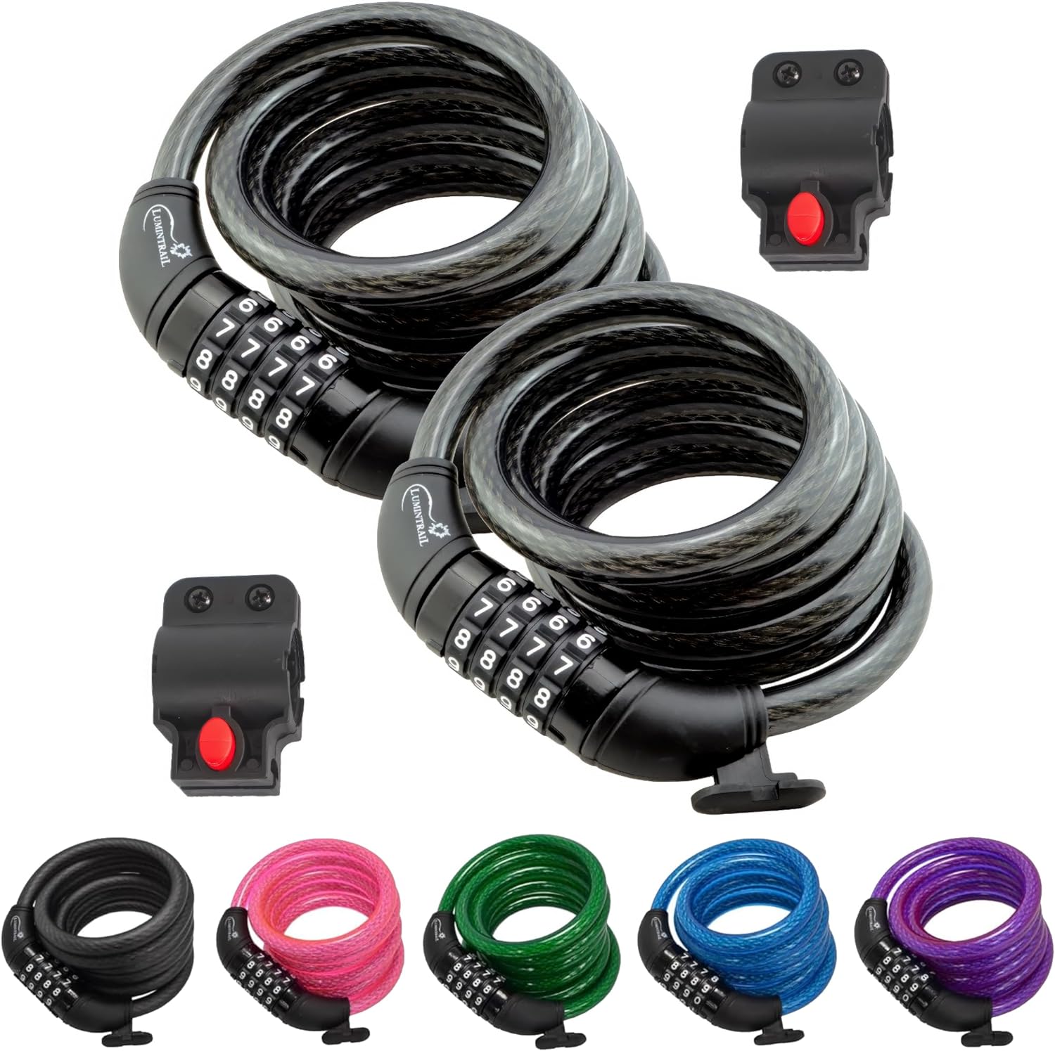 Lumintrail Combination Bike Lock Cable - 4 Feet Bike Locks 2 Pack Heavy Duty Anti Theft with Combinations - Bike Cable Lock Combination with Mounting Bracket (2 Pack, Black)