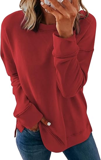 Dokotoo Womens Casal Ladies Long Sleeve Crewneck Sweatshirt Loose Fit Solid Basic Comfy Pullover Tunic Shirts Tops Blouse Side Split Fall 2024 Fashion Red Small