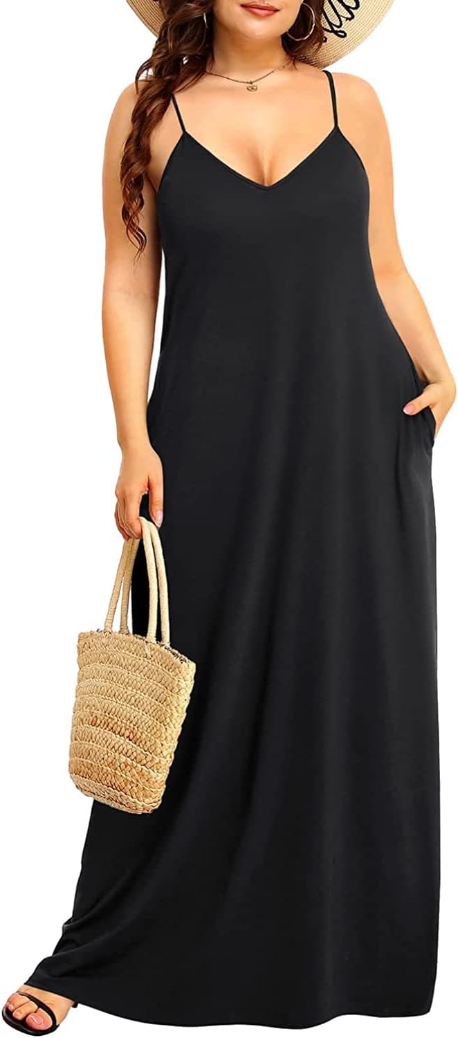 Pinup Fashion Women' Summer Maxi Dress Plus Size Sleeveless Spaghetti Strap Beach Long Dresses