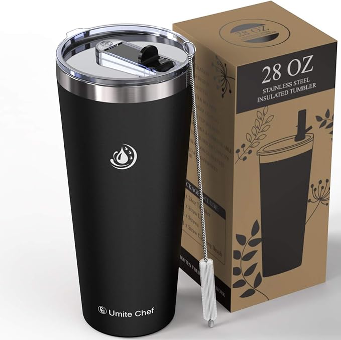 Umite Chef Tumbler Insulated Stainless Steel Travel Mug with Leakproof Straw Lid, Modern Double Walled Thermo Water Bottle, Coffee Mug Cup for Home, Outdoor, Office,Ice Drink, Hot Beverage(Black)