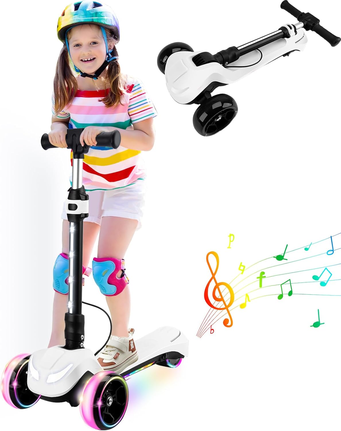 Kids Electric Scooter w/150W Powerful Motor, Thumb Throttle, LCD Screen, Bluetooth, Light-Up Stem Deck & Wheels, 3 Adjustable Heights, 5Mph, 120min Ride Time, 3 Wheel Electric Scooter for Kids, White