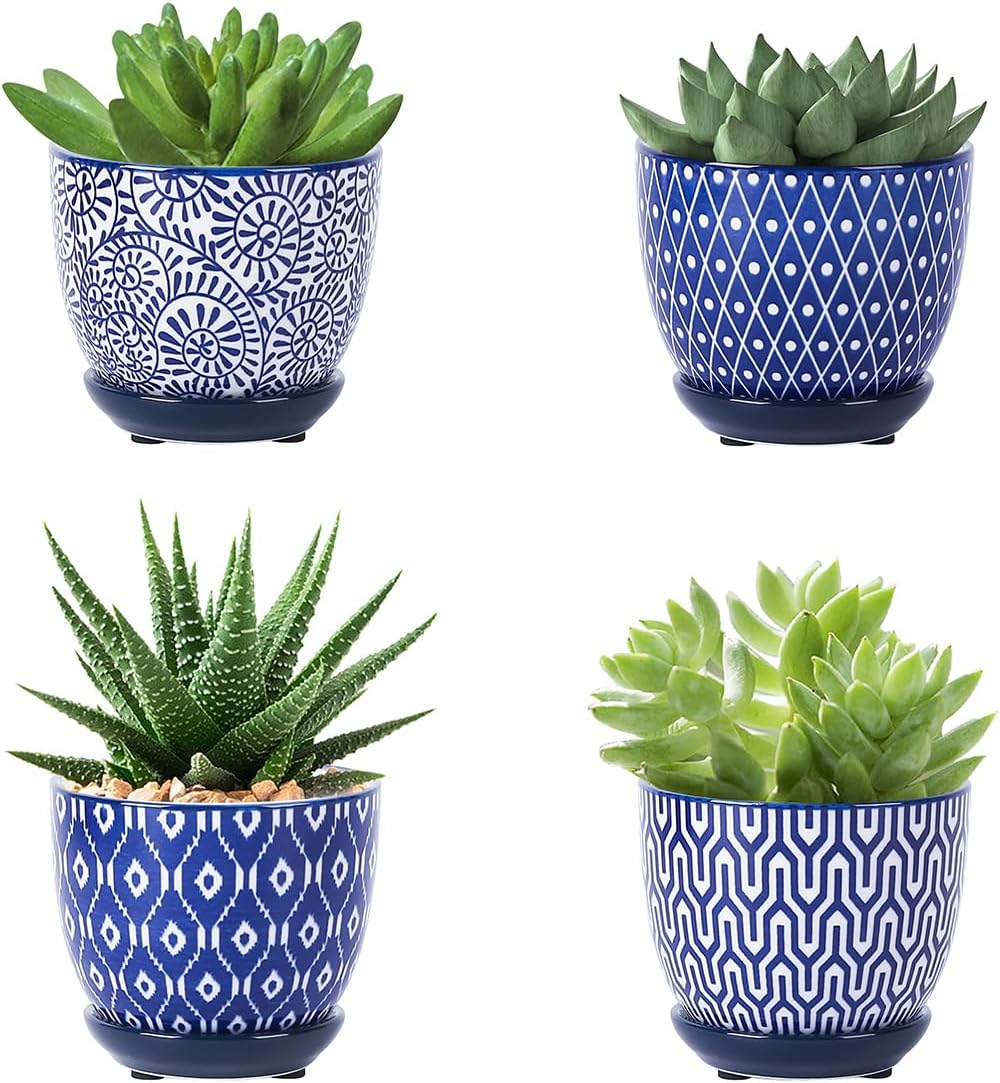 Selamica Ceramic Succulent Pots with Drainage Holes, Small Flower Pots 3.5 Inch Plant Pots for Indoor Plants with Saucers, Cactus Succulent, Home Decor, Set of 4, Vintage Blue