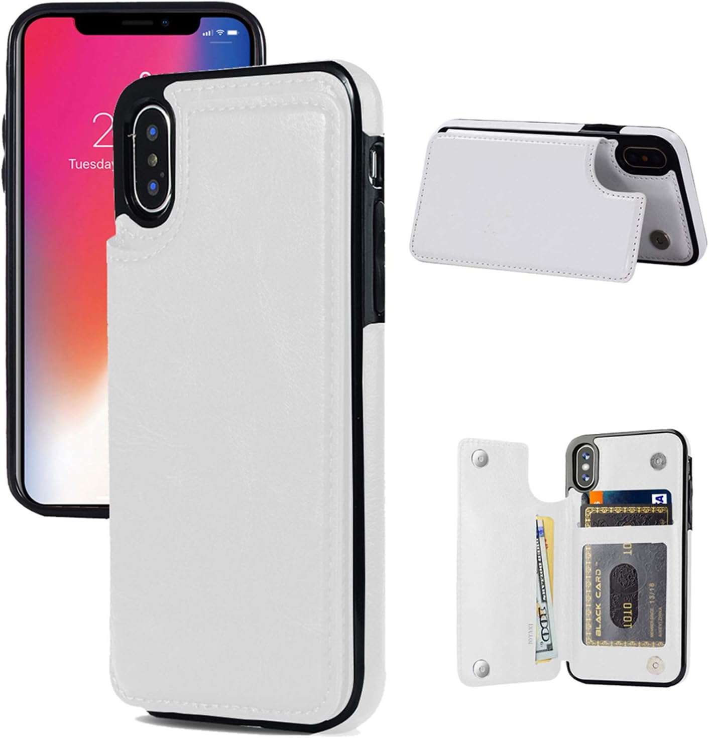 iphone X/XS Wallet Case, iphone X/XS Case with Card Holder, iphone X/XS Slim Leather Case with Credit Card Holder Protective Case with a Free Screen Protector for iPhone X/XS 5.8 inch-White