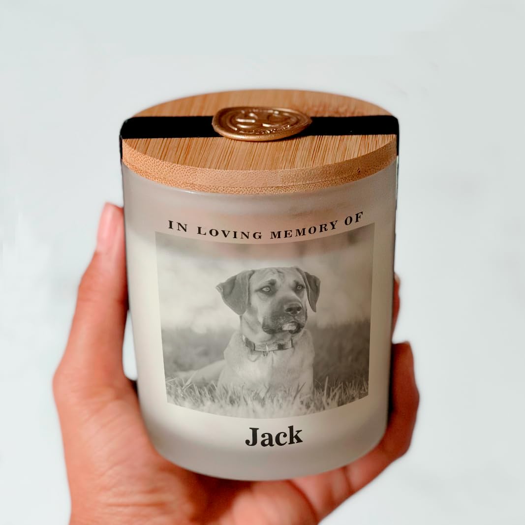 Custom Photo Candle | Printed on Glass | Memorial for Parent, Mother, Dad, Dog, Cat, Pet memorial | Condolence Remembrance, Light Remains | Engraved Lid | Scented, Soy Wax, USA Made | Keep&Present