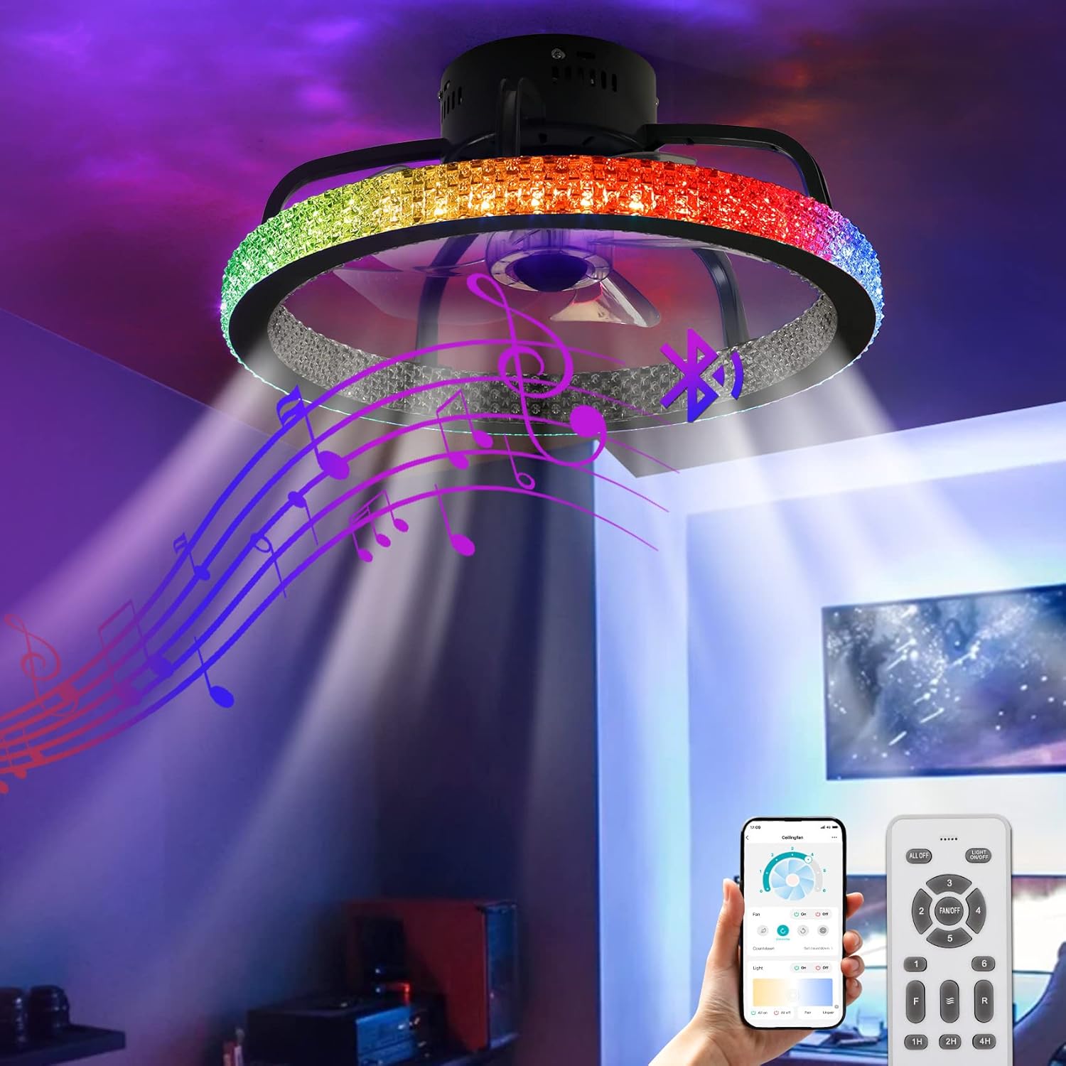 TCFUNDY Ceiling Fan with Light, 18 LED RGB Low Profile Ceiling Fan Lights with Bluetooth Speaker, Dimmable Lighting, 6 Wind Speeds Reversible Blades, App & Remote Control, Semi Flush Mount Fan