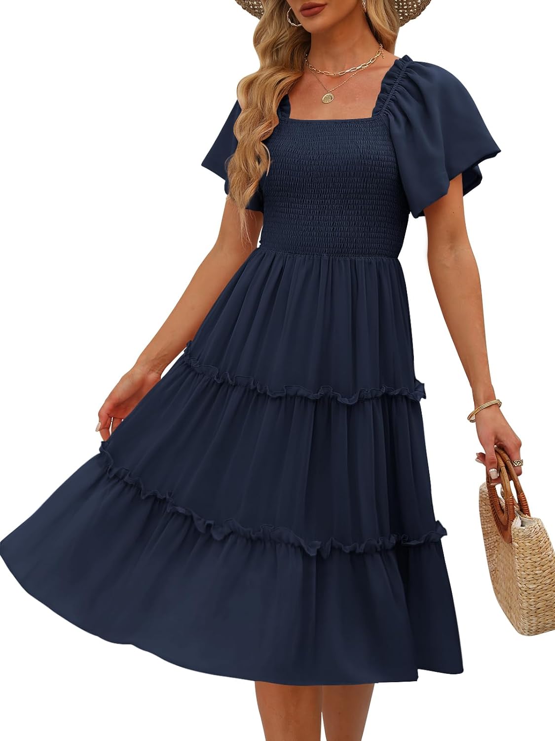 LILLUSORY Women's Summer Casual Flutter Sleeve Square Neck Smocked Midi Dress