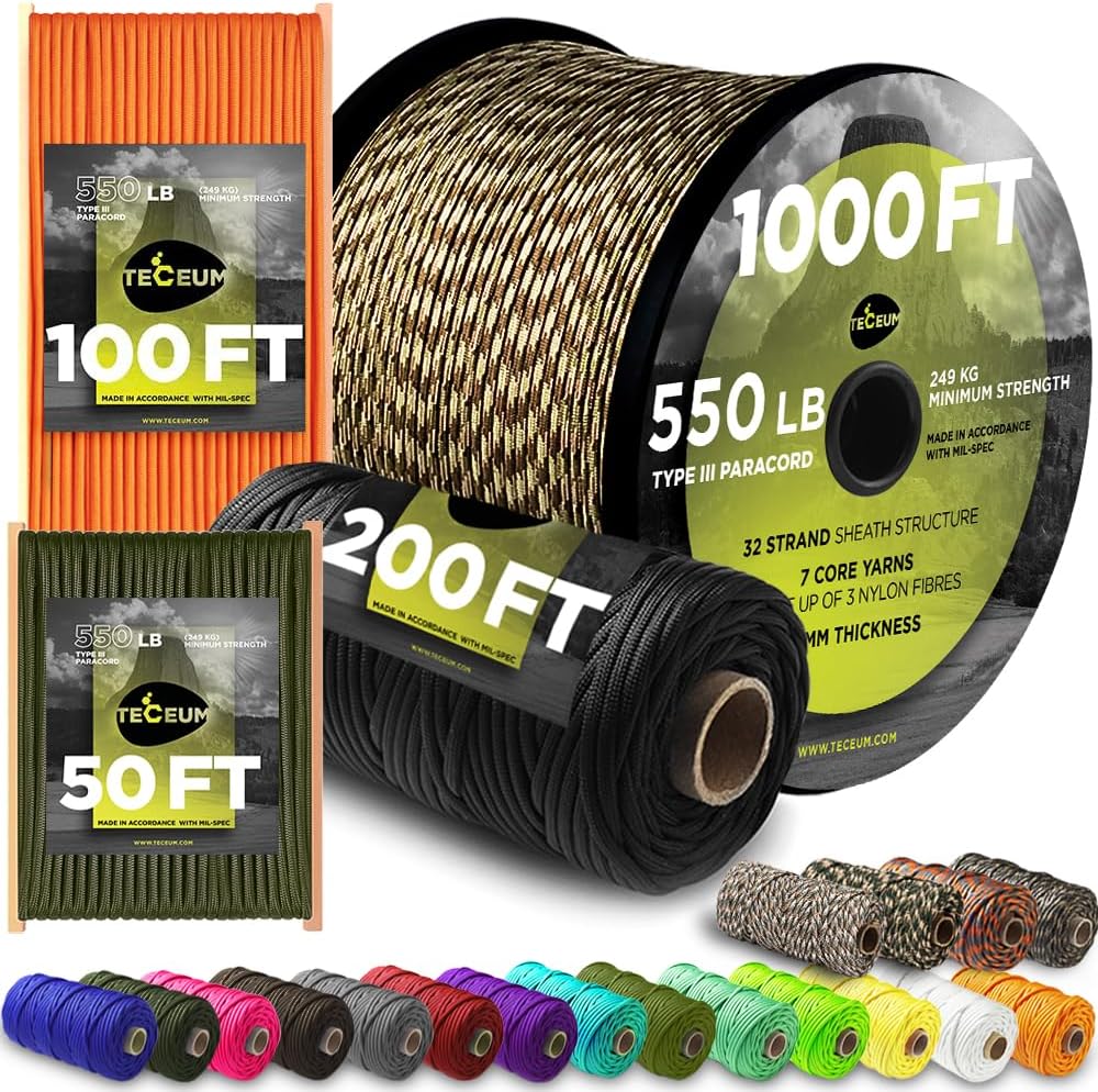 TECEUM Paracord 550 lb  Ideal for Crafting, DIY Projects, Camping, Military & Active Outdoors  40+ Colors  Tactical Parachute Cord Type III  Strong Survival Rope