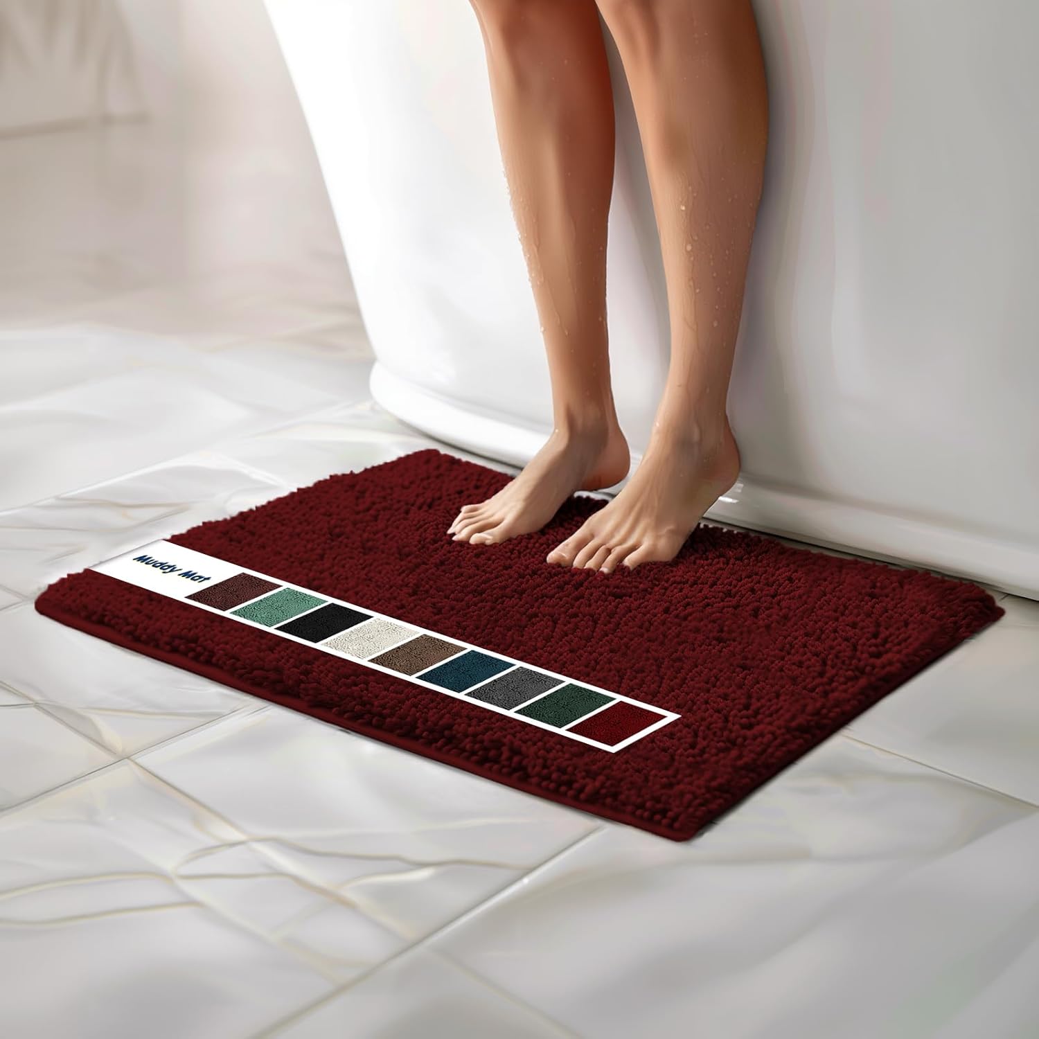 Muddy Mat Chenille Bathroom Rugs Quick Dry Microfiber Mats Non Slip Washable, Extra Thick, Soft and Highly Absorbent Bath Mats for Bathroom, Kitchen, and Shower Floor - Red Small 28X18