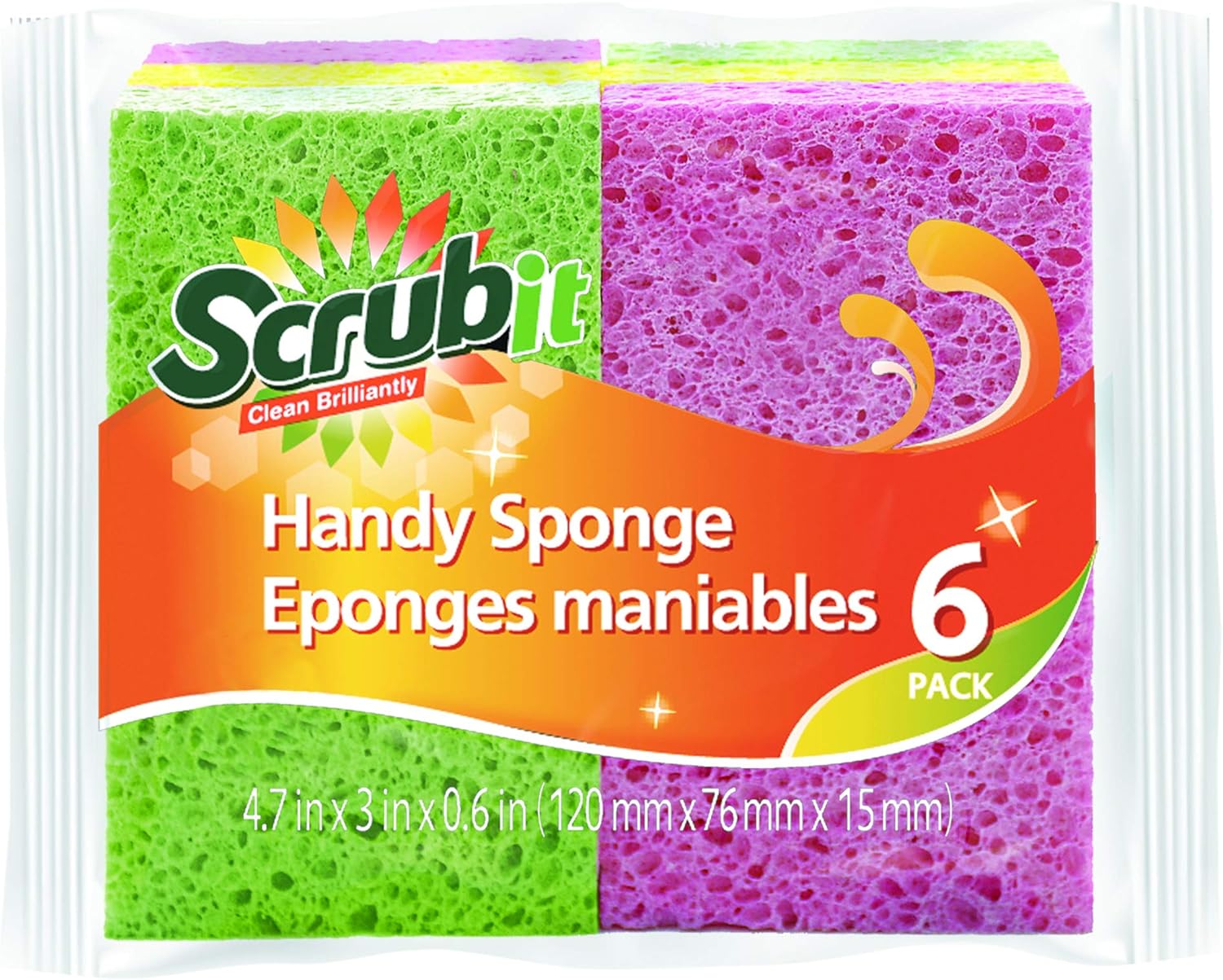 SCRUBIT Cellulose Scrub Sponge - Kitchen Cleaning Sponges for Dishes,Pans,Pots & more- 6 Pack Dishwashing Sponges - Colors May Vary