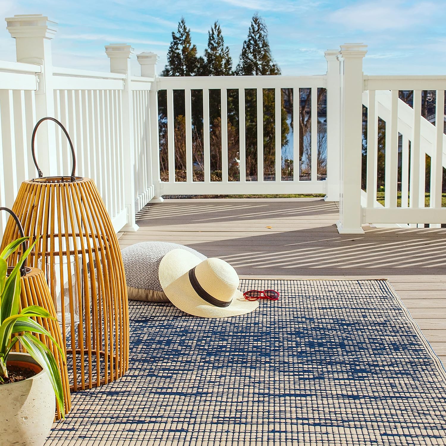 Fab Habitat Outdoor Rug - Waterproof, Fade Resistant, Crease-Free, Reversible - Premium Recycled Plastic - Distressed Abstract Stripes - Patio, Porch, Deck, Balcony - Brooklyn - Blue - 5 x 8 ft