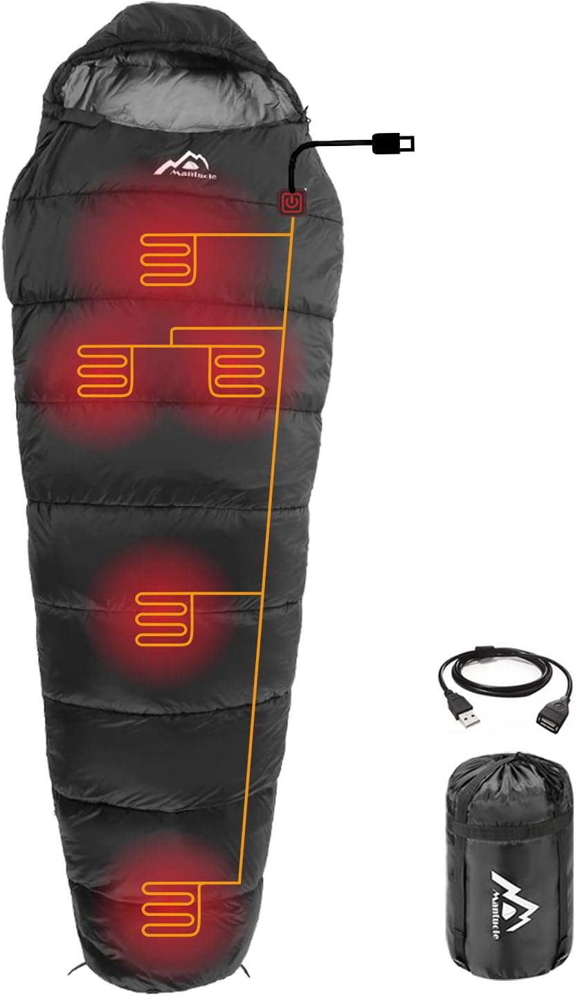 Heated Sleeping Bag 5pcs Multi USB Power Support Heating Pads,Operated with Battery Power Bank or Other USB Power Supplies, Portable Compact Bag, Mummy Style.