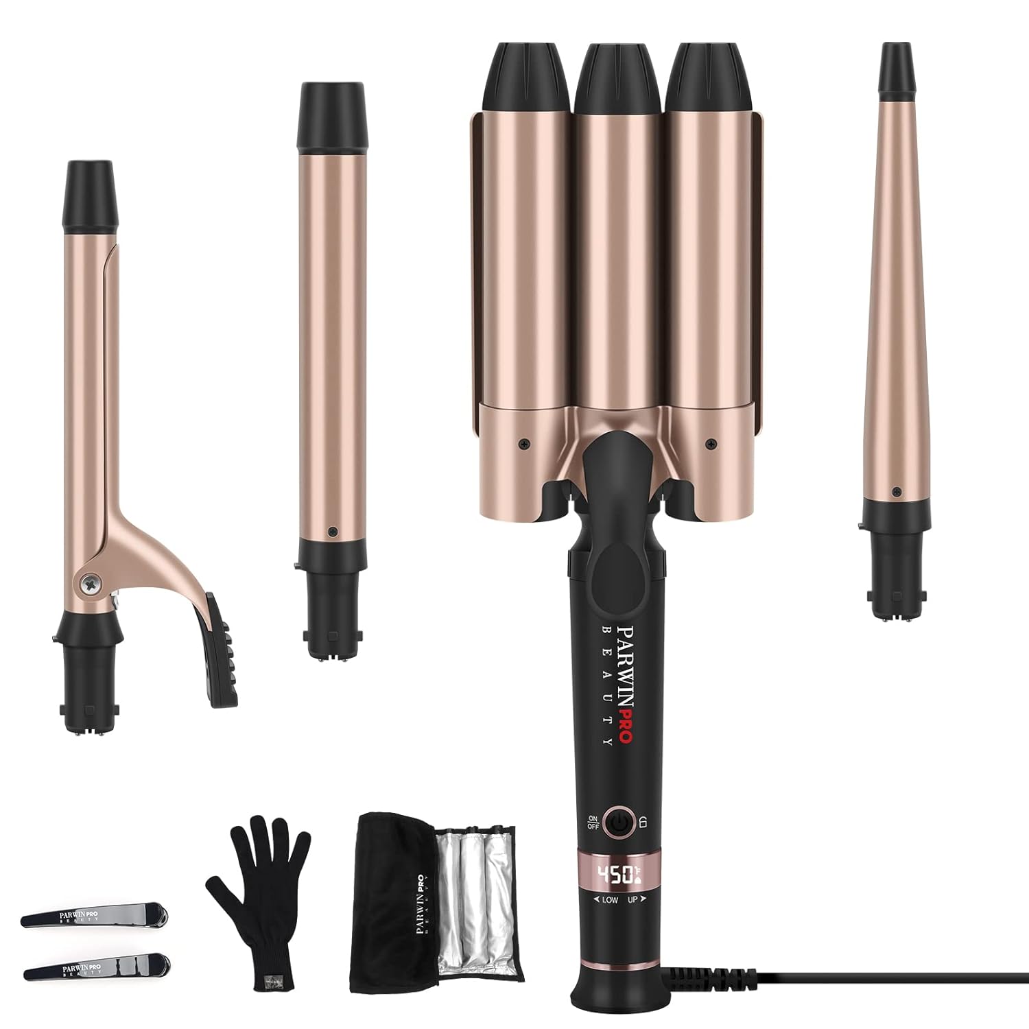 4-in-1 Curling Iron Wand Set, 32mm (1.25%22) Triple Ceramic Curling Iron, PARWIN PRO BEAUTY Hair Wand Set 3 Interchangeable 0.5''-1'', 9 LED Temperature Control, Glove %26 2 Hair Clips