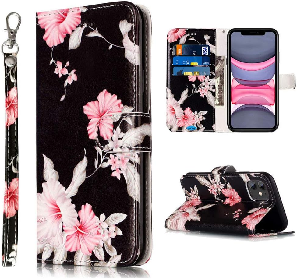 JanCalm Compatible with iPhone 11 Wallet Case, Floral Pattern Premium PU Leather [Wrist Strap] [Card/Cash Slots] Stand Feature Flip Cases Cover for iPhone 11 Case Wallet (Black/Flower)