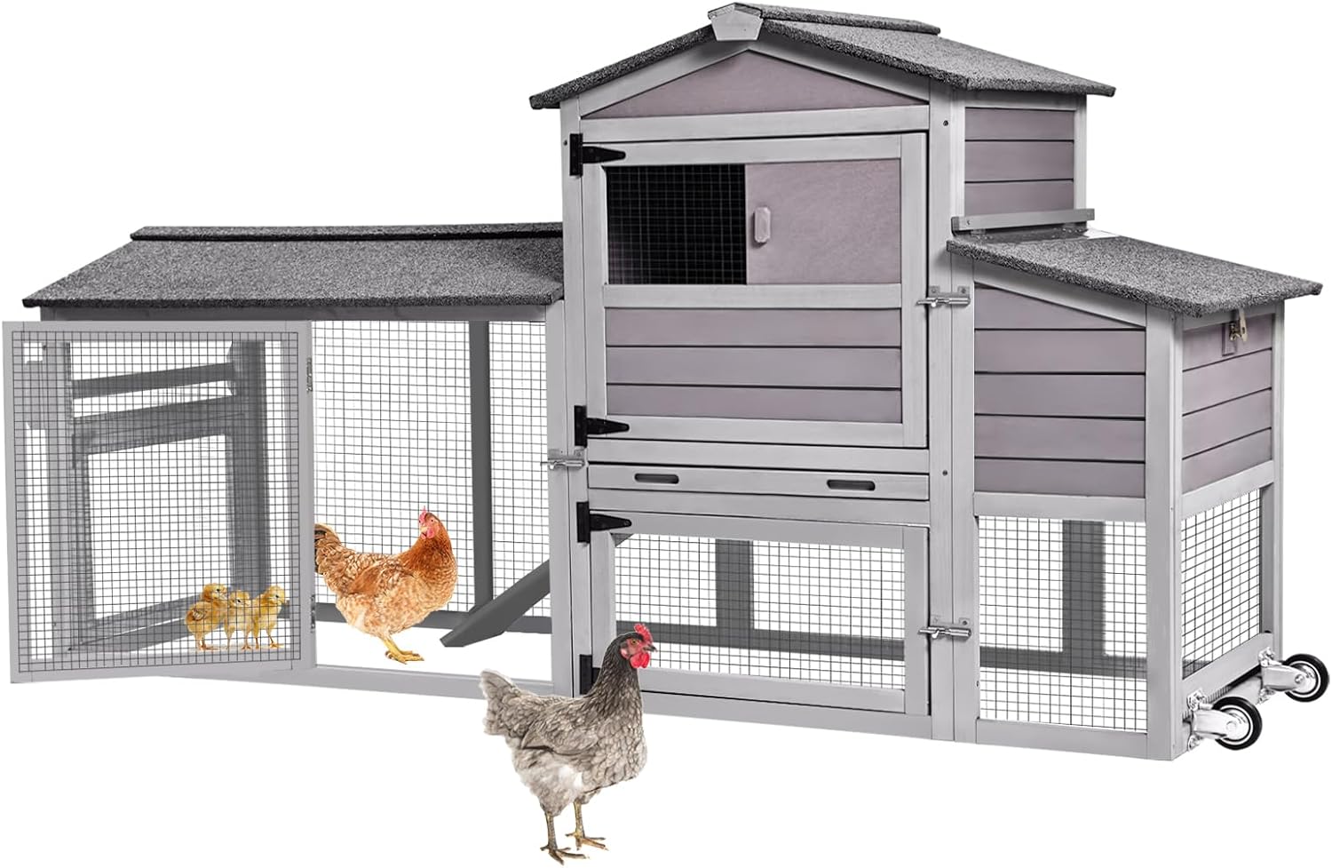 Chicken Coop 80in Mobile Chicken House with Run Portable Wooden Poultry Cage with Nesting Box Rabbit Hutch on Wheels,Movable