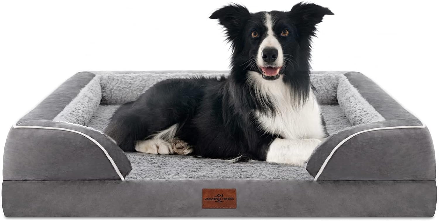 Large Dog Beds Waterproof Orthopedic Foam Dog Beds for Large Dogs Sofa Comfy Pet Bed with Washable Removable Cover & Non-Slip Bottom(Large,Grey)