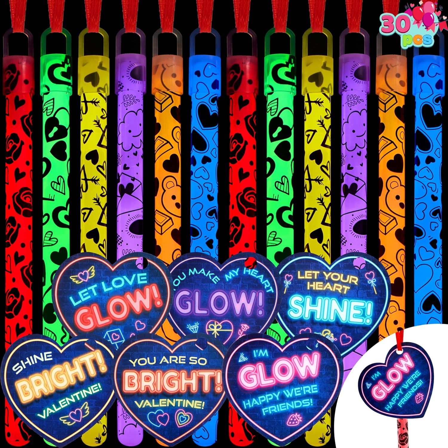 JOYIN 30 Packs Valentine's Day Gifts Cards with Bright Large Glow Sticks for Valentine's Party Favors, Waterproof Glow Sticks for Valentines Classroom Exchange Toy, Valentine School Classroom Prizes