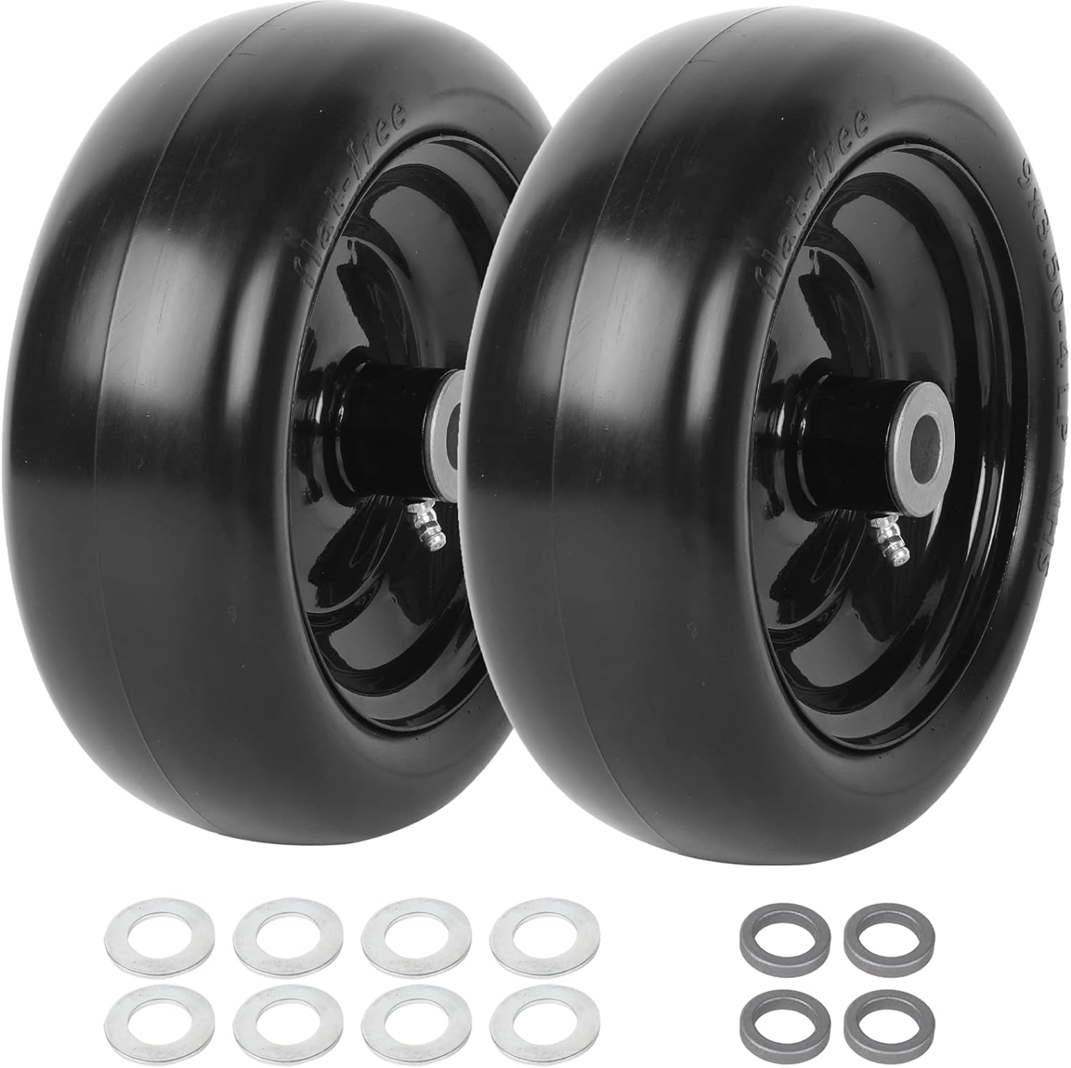 AR-PRO (2-Pack) 9x3.50-4 Flat Free Lawnmower Tire and Wheel Assemblies - PU Tire on Wheel and Adapter Kits with 3.5 Centered Hub, 3/4 Bushings