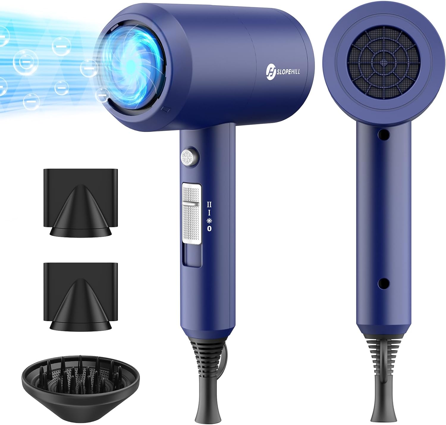 Slopehill Professional Ionic Hair Dryer, Powerful 1800W Fast Drying Low Noise Blow Dryer with 2 Concentrator Nozzle 1 Diffuser Attachments for Home Salon Travel (Prussian Blue)