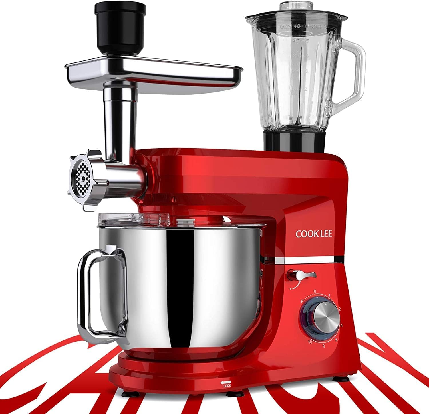 COOKLEE 6-IN-1 Stand Mixer, 8.5 Qt. Multifunctional Electric Kitchen Mixer with 9 Accessories for Most Home Cooks, SM-1507BM, Ruby Red