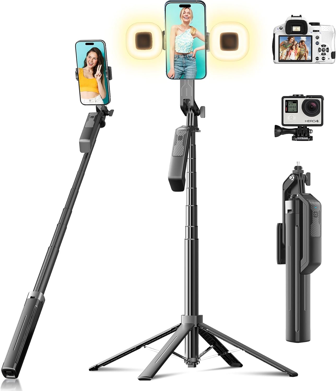 Selfie Stick Phone Tripod - 71 inch Tall Cell Phone Holder with Detachable Wireless Remote and 2 LED Lights for Recording, Video and Picture, Phone Stand for iPhone, Android, Camera & Gopro