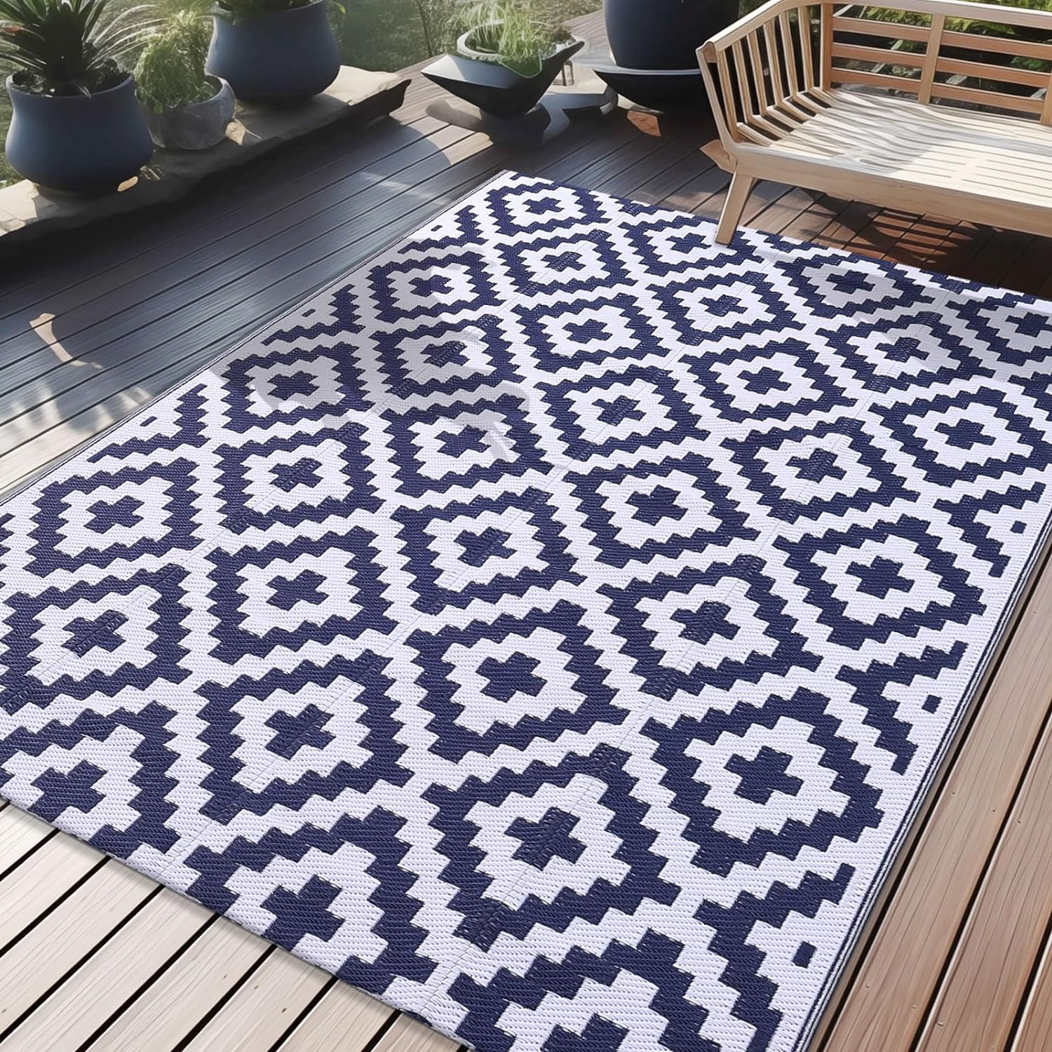 OLANLY Waterproof Outdoor Rug 5x8 ft, Reversible Plastic Straw Patio Rug for Camping, RV Mat Outside, Indoor Outdoor Carpet for Porch, Deck, Backyard, Camper, Balcony, Picnic, Navy & White