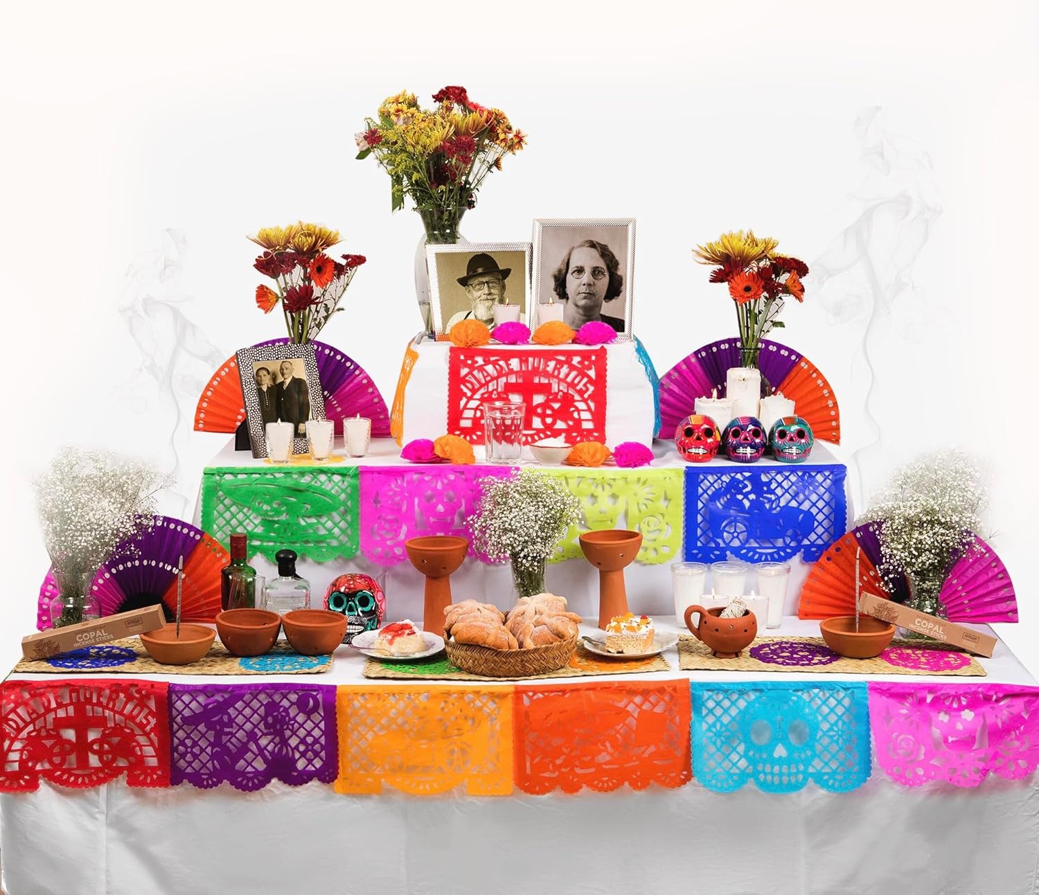 Dia de los Muertos/Day of The Dead Altar Ofrenda Decor- kit: All You need to set-up your Traditional Dia de Muertos Ofrenda: Papel Picado,candles, Copal Incense a straw basket & more.