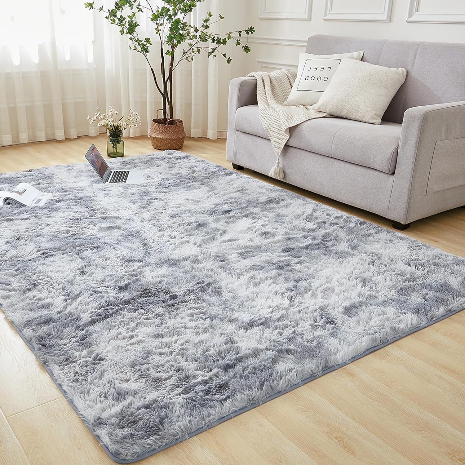 Andency 3x5 Shag Area Rug for Living Room, Tie-Dyed Light Grey Soft Fuzzy Plush Indoor Carpets for Bedroom, Non Skid Fluffy Faux Fur Rug for Nursery Kids Boys Girls Room