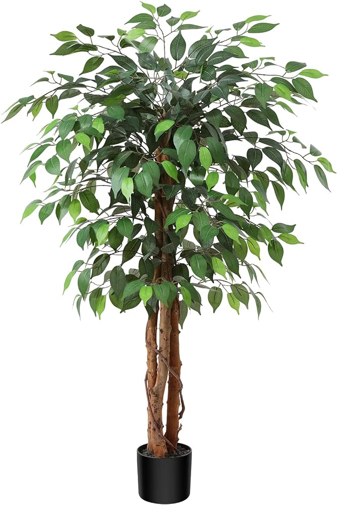 4FT Artificial Ficus Tree with Natural Wood Trunk and Realistic Leaves, Silk Faux Ficus Tree for Home Decor Indoor, Tall Green Fake Plant with Pot for Office Living Room Outdoor, Set of 1