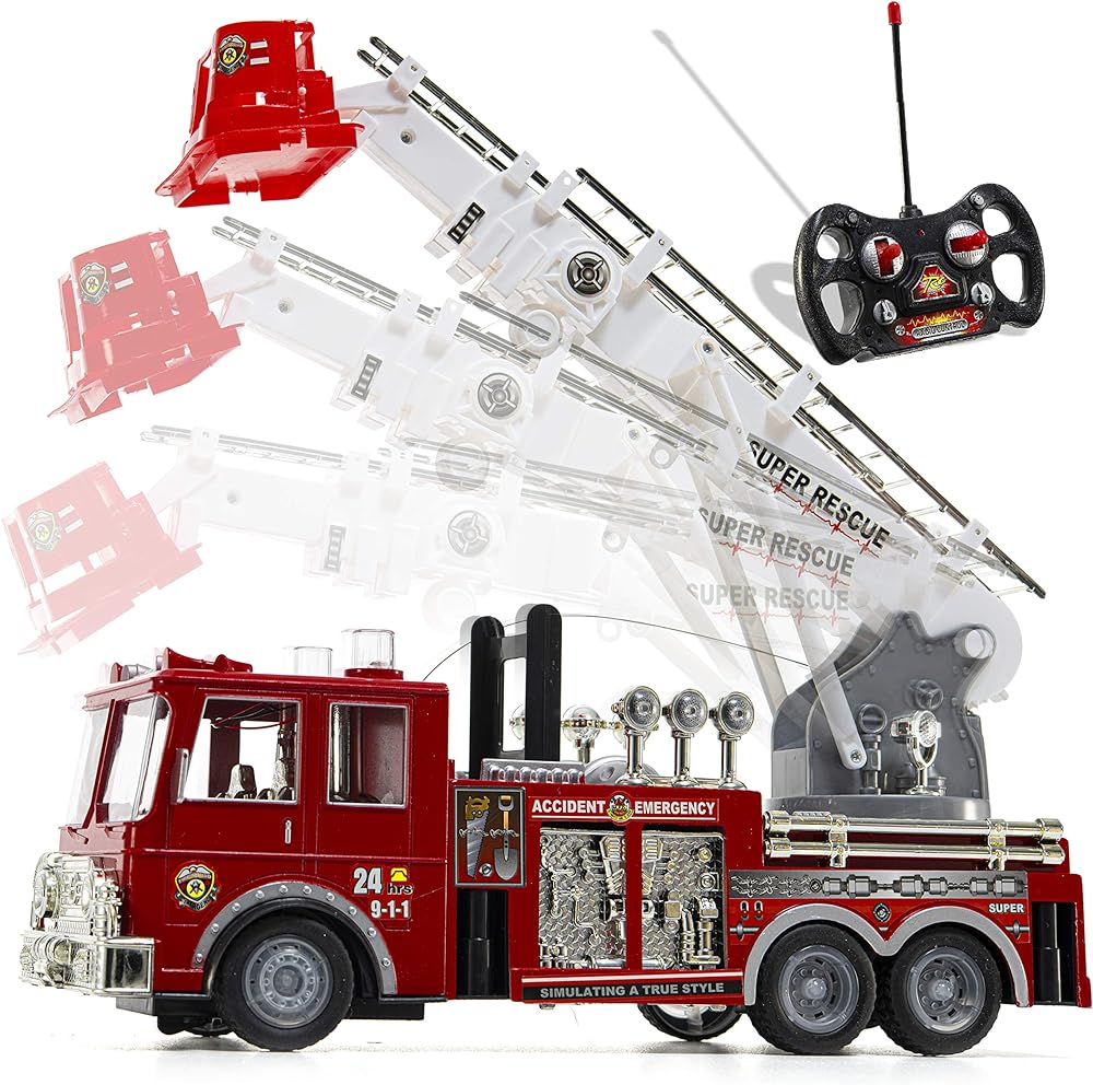 PREXTEX 13'' Remote Controlled Fire Truck - Lights, Siren, and Ladder | Remote Control (RC) Toy Trucks, Firetruck Toy | Toddler/Kids Toy Car, Boy Toys
