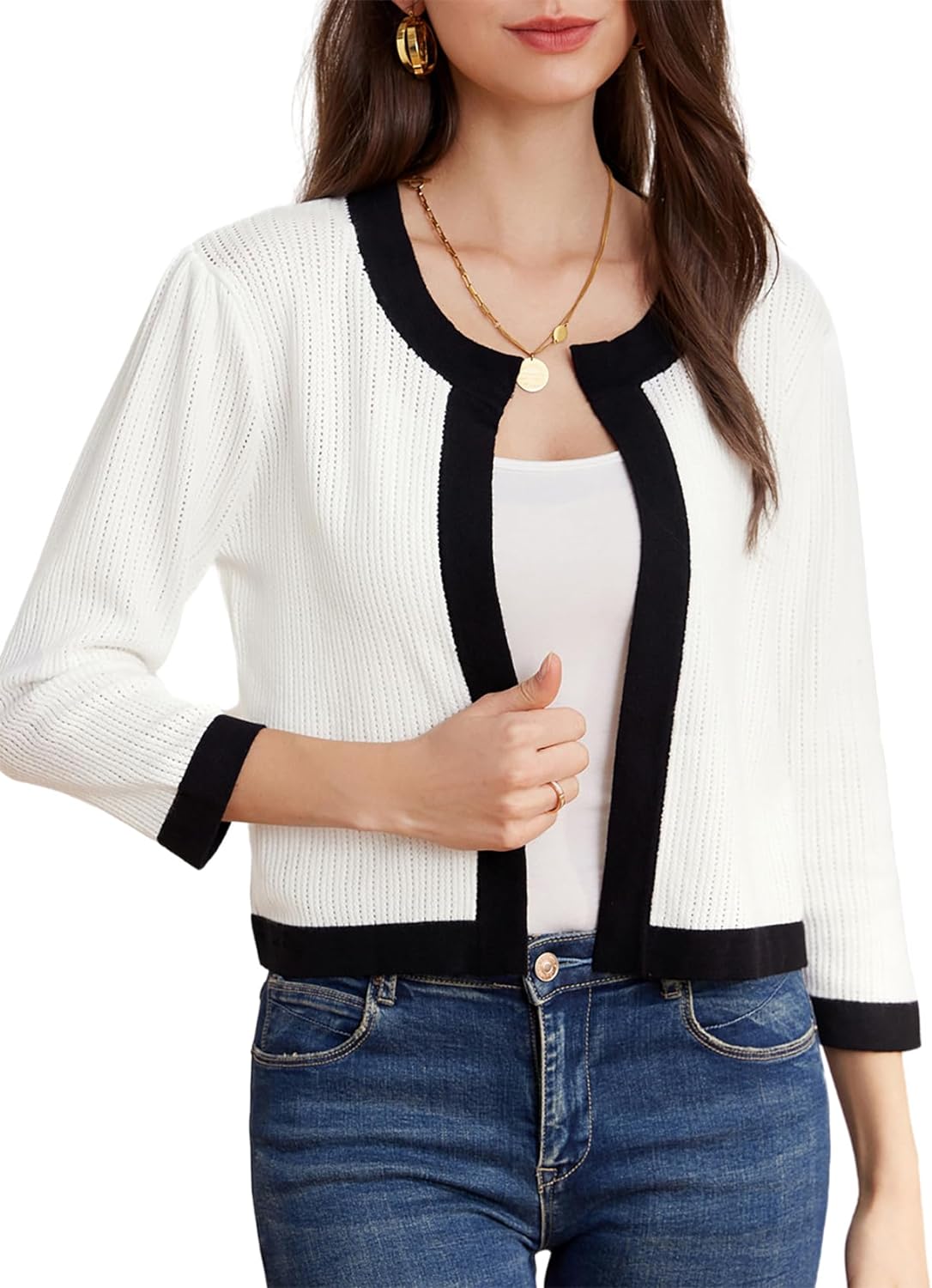 GRACE KARIN Lightweight Cropped Cardigans Sweaters Knitted Shrugs Casual Color Block Classy 3/4 Sleeve Comfort