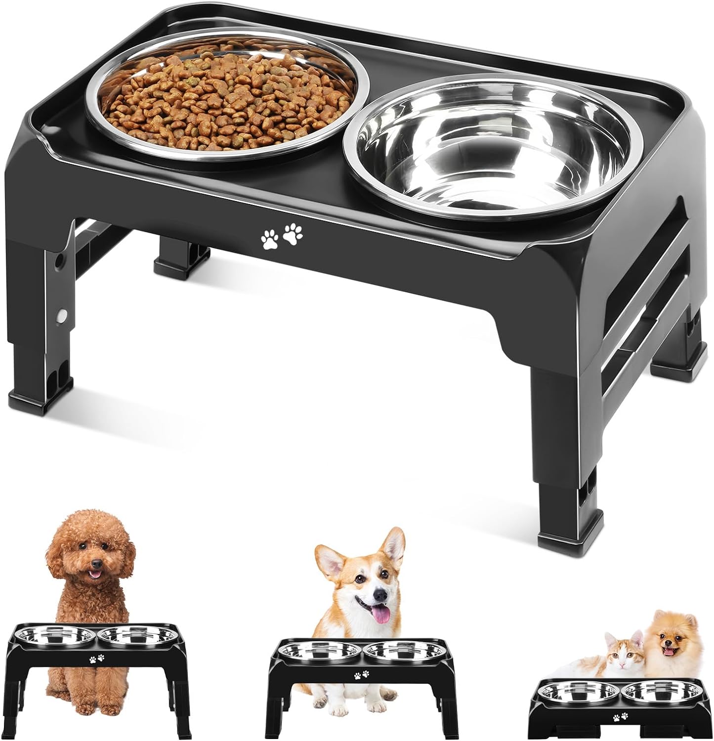 Elevated Dog Bowls for Small Medium Dogs 3 Height Adjustable Raised Dog Bowl Stand with 2 Thick 6" Stainless Steel Dog Food Bowls Non-Slip Dog Feeder Adjusts to 2.75", 6", 7.5", Black