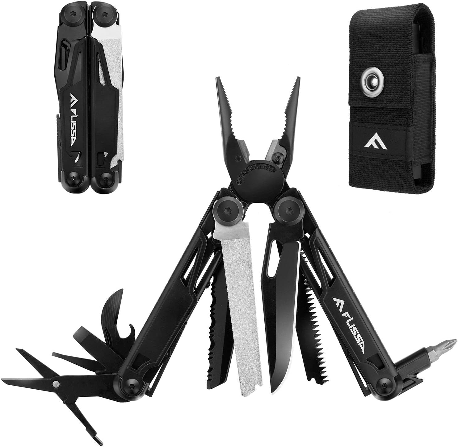 Flissa Multitool, 16-in-1 Multitools with Sheath, Stainless Steel EDC Multitool, Pocket Knife, Bottle Opener, Screwdriver, Pocket Multi-Tool for Camping, Handwork, Hunting, Hiking, Fishing