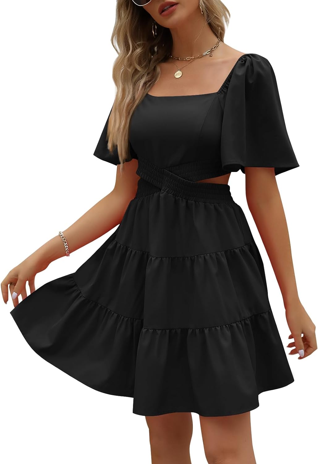 LILLUSORY Womens 2024 Summer Cutout Mini Dresses Short Sleeve Square Neck Crossover Waist Dress