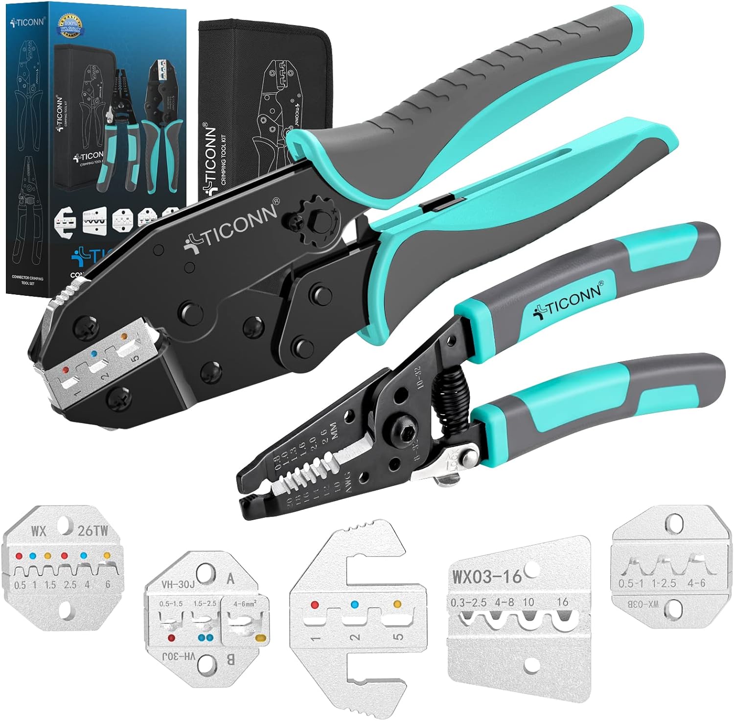 TICONN Crimping Tool for Heat Shrink Connectors - Ratcheting Wire Crimper - Crimping Pliers - Ratchet Terminal Crimper - Wire Crimp Tool (Combo Kit)