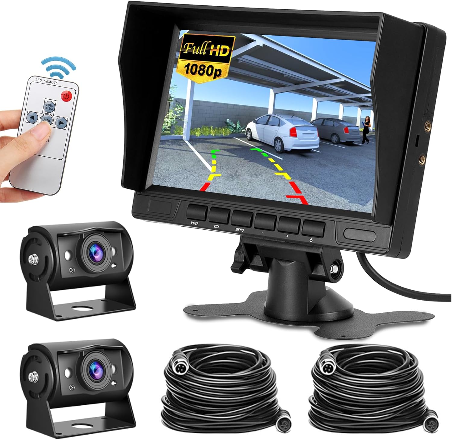 Hikity Dual Backup Camera Monitor Kit, 7'' 1080P RV Reverse Camera System for Trucks, SUV, Bus, Pickup, Plug & Play, Night Vision, Wide Angle, IP69 Waterproof Rear View Camera, (49.2ft Video Cable)