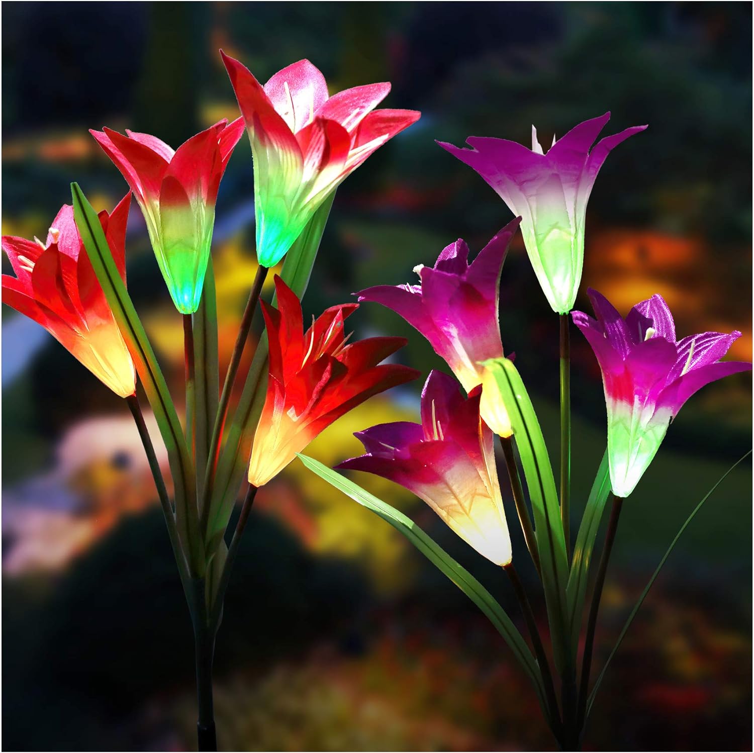 TONULAX Solar Garden Lights Outdoor - New Upgraded, Multi-Color Changing Lily Solar Lights for Patio,Yard Decoration, Bigger Flower and Wider Solar Panel (2 Pack,Purple and Red)