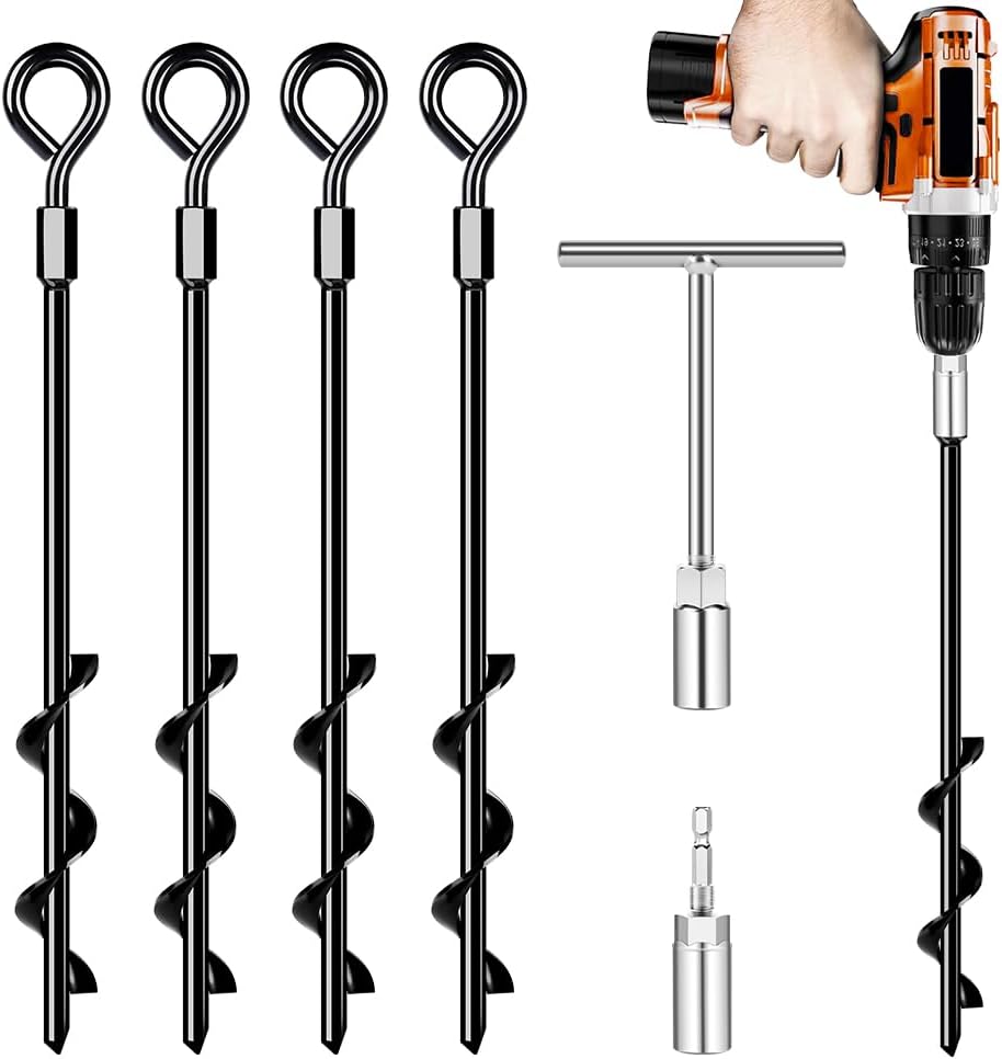 Ground Anchors Screw in, Heavy Duty Tent Stakes Trampoline Anchors 4Pack, Ground Anchors for Camping Tent, Canopies, Carports, Sheds, Swing Sets,14in Ground Anchors for High Winds